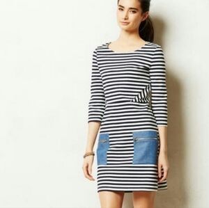 ANTHROPOLOGIE Tabitha Dress Sz 4 Blue Marin Cotton Striped Pockets